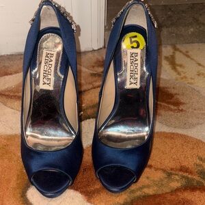 Badgley Mischka Navy Satin Peep-Toe Heels with Crystal Back Detail